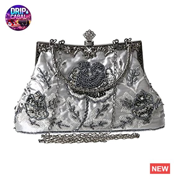 Vintage Floral Beaded Rhinestone Embroidery Clutch Sequin Evening Bag Elegant